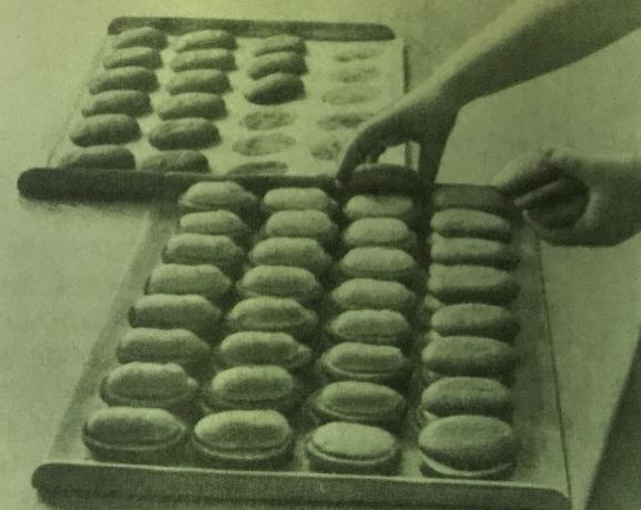 Proses mempersiapkan kue "Bush". Foto dari buku "Produksi kue-kue dan kue," 1976 